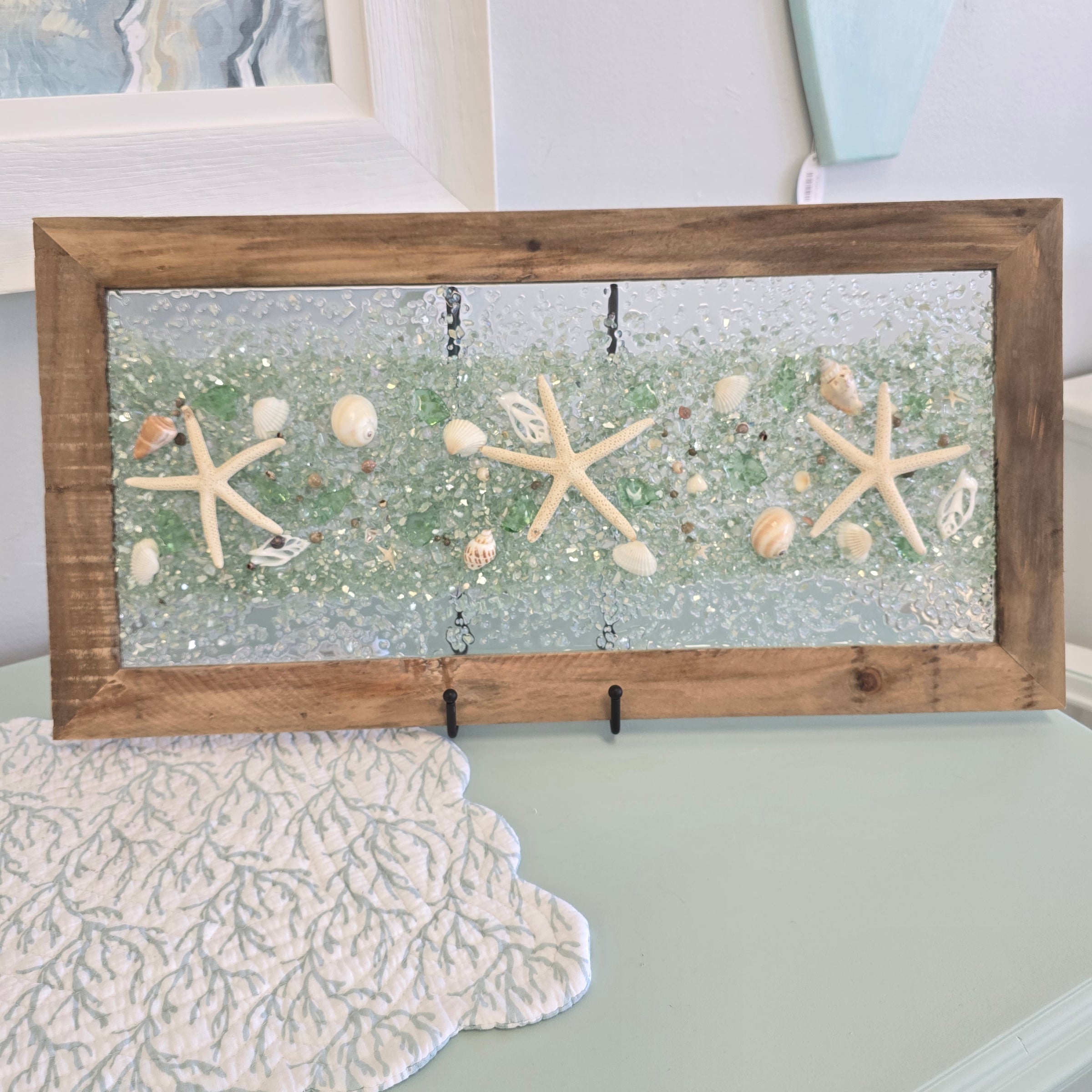 Assorted Coastal Glass Art w/ Shells, Glass, Resin, Sand 12" x 23.5"