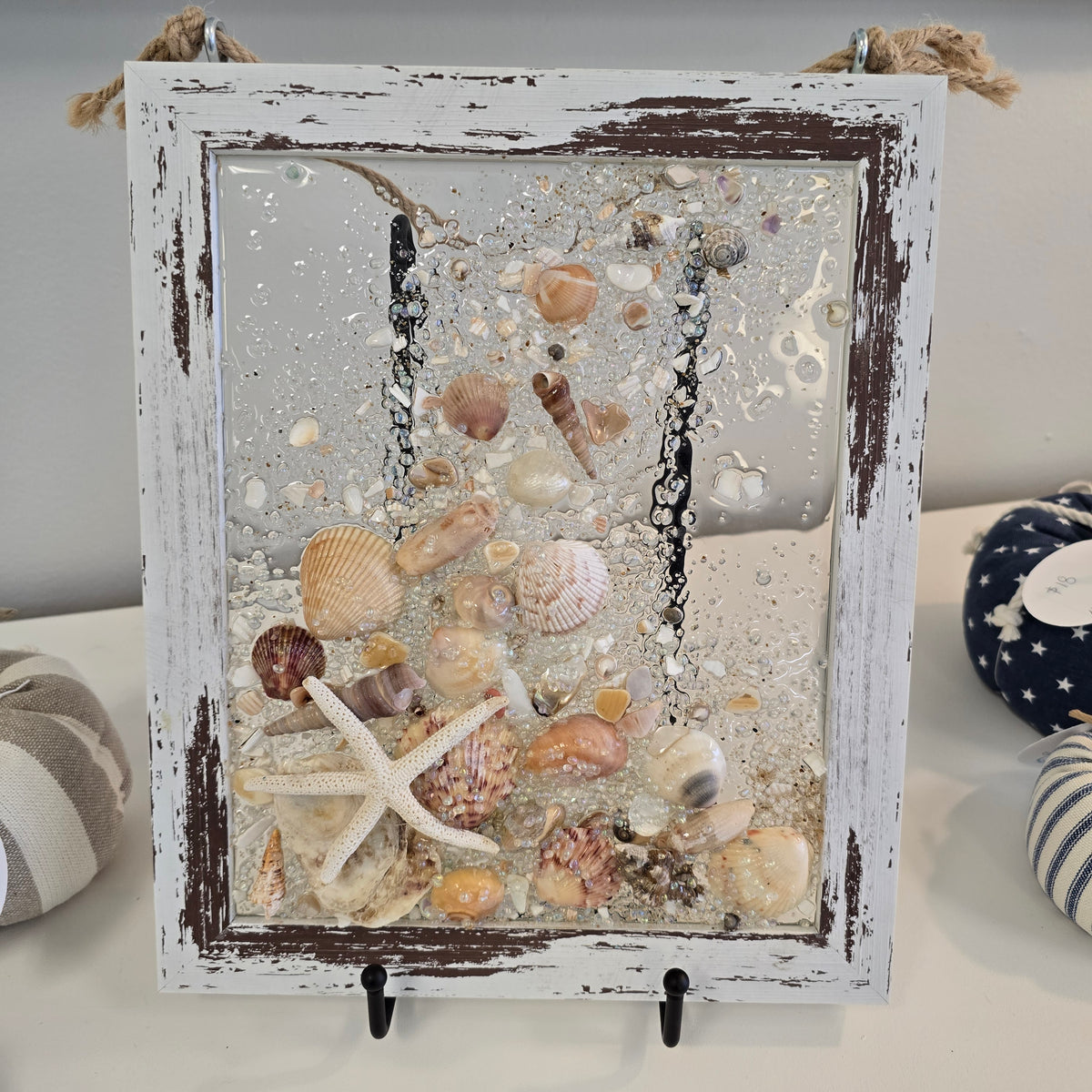 Coastal Glass Art w/ Shells, Glass, Resin, Sand- 8"x10"