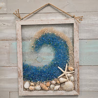 Coastal Glass Art w/ Shells, Glass, Resin, Sand- 11"x 14"