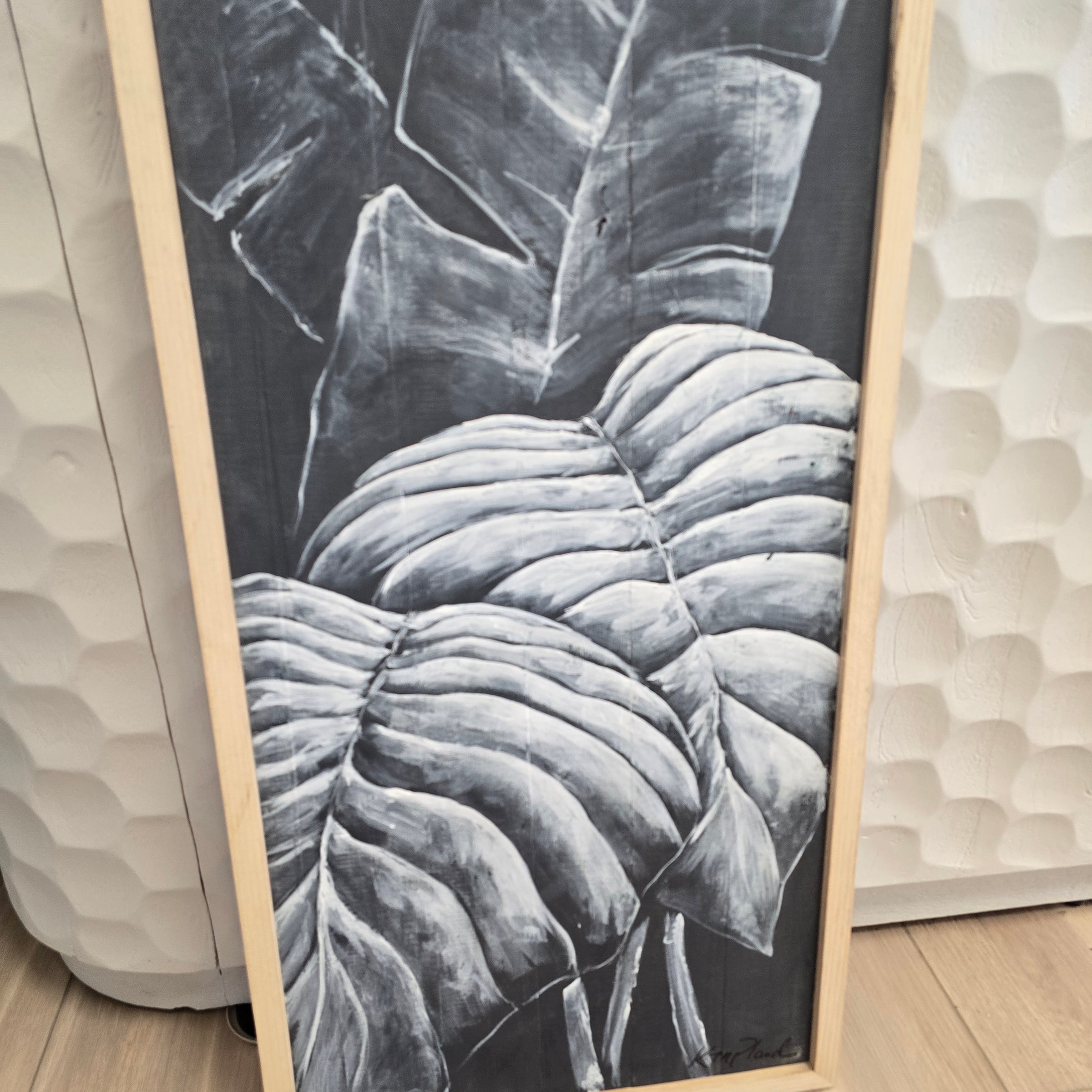 Palm Fronds painted on framed wood plank