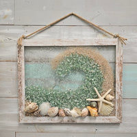 Coastal Glass Art w/ Shells, Glass, Resin, Sand- 11"x 14"