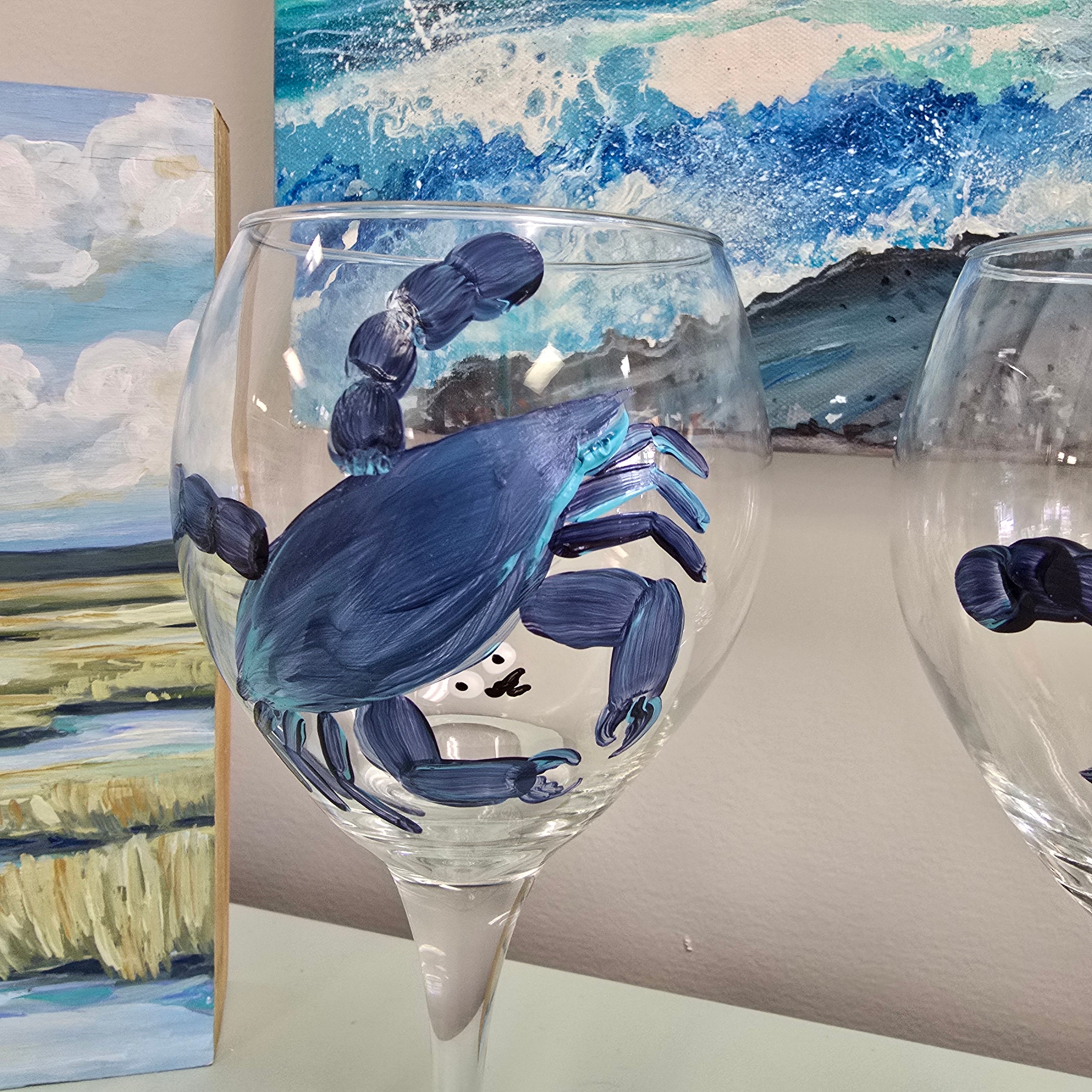 Hand painted Crab Stemmed Wine Glasses