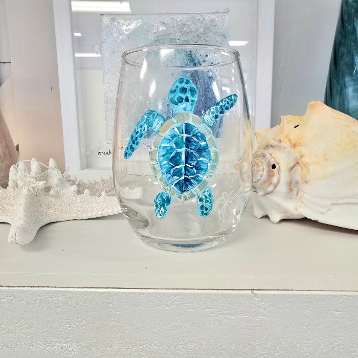 Assorted Ocean Inspired Hand Painted Stemless Wine Glasses Sunshine & Sweet Peas Costal Decor