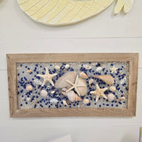 Assorted Coastal Glass Art w/ Shells, Glass, Resin, Sand 12" x 23.5"