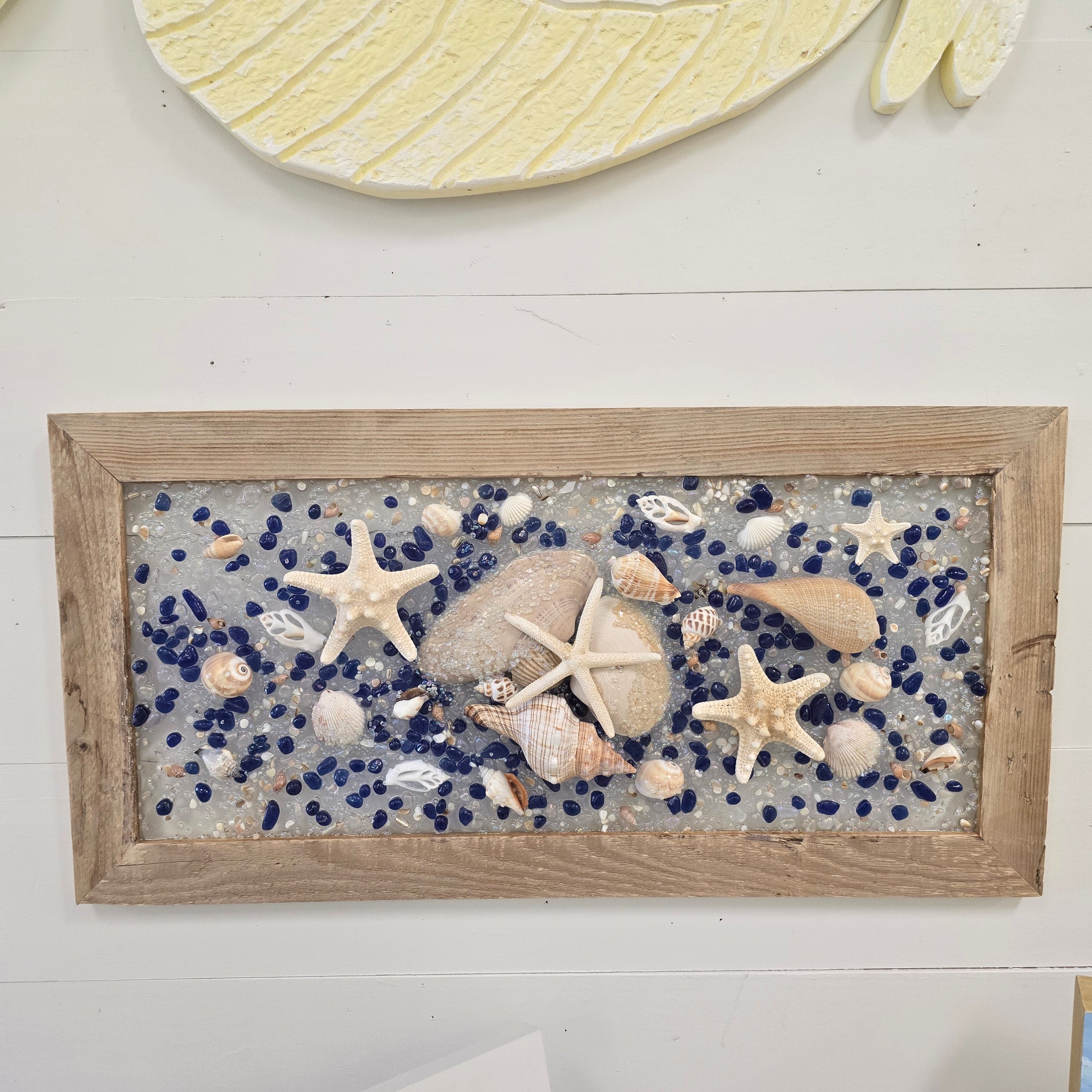 Assorted Coastal Glass Art w/ Shells, Glass, Resin, Sand 12" x 23.5"