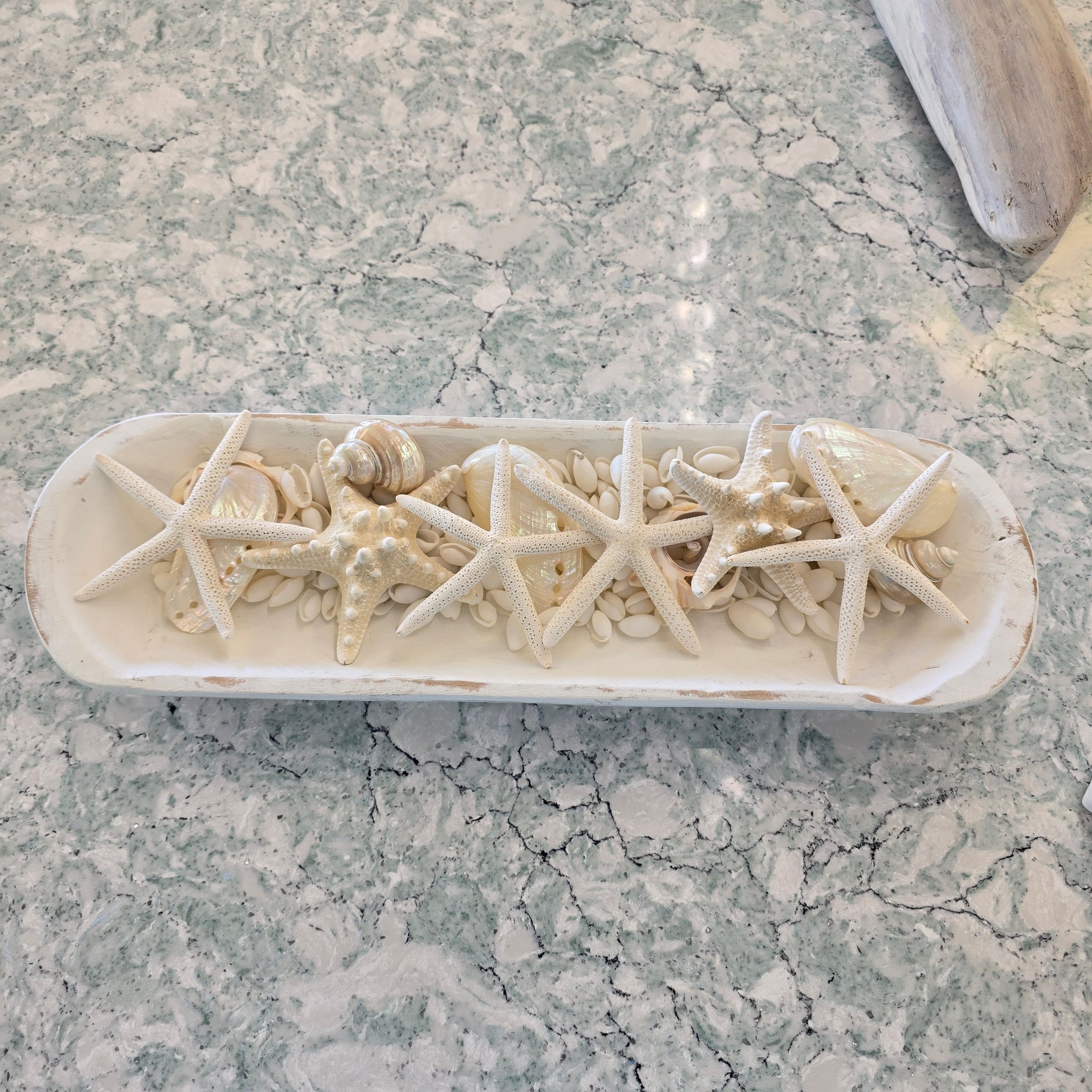 Medium Hand carved dough bowl centerpiece with shells.