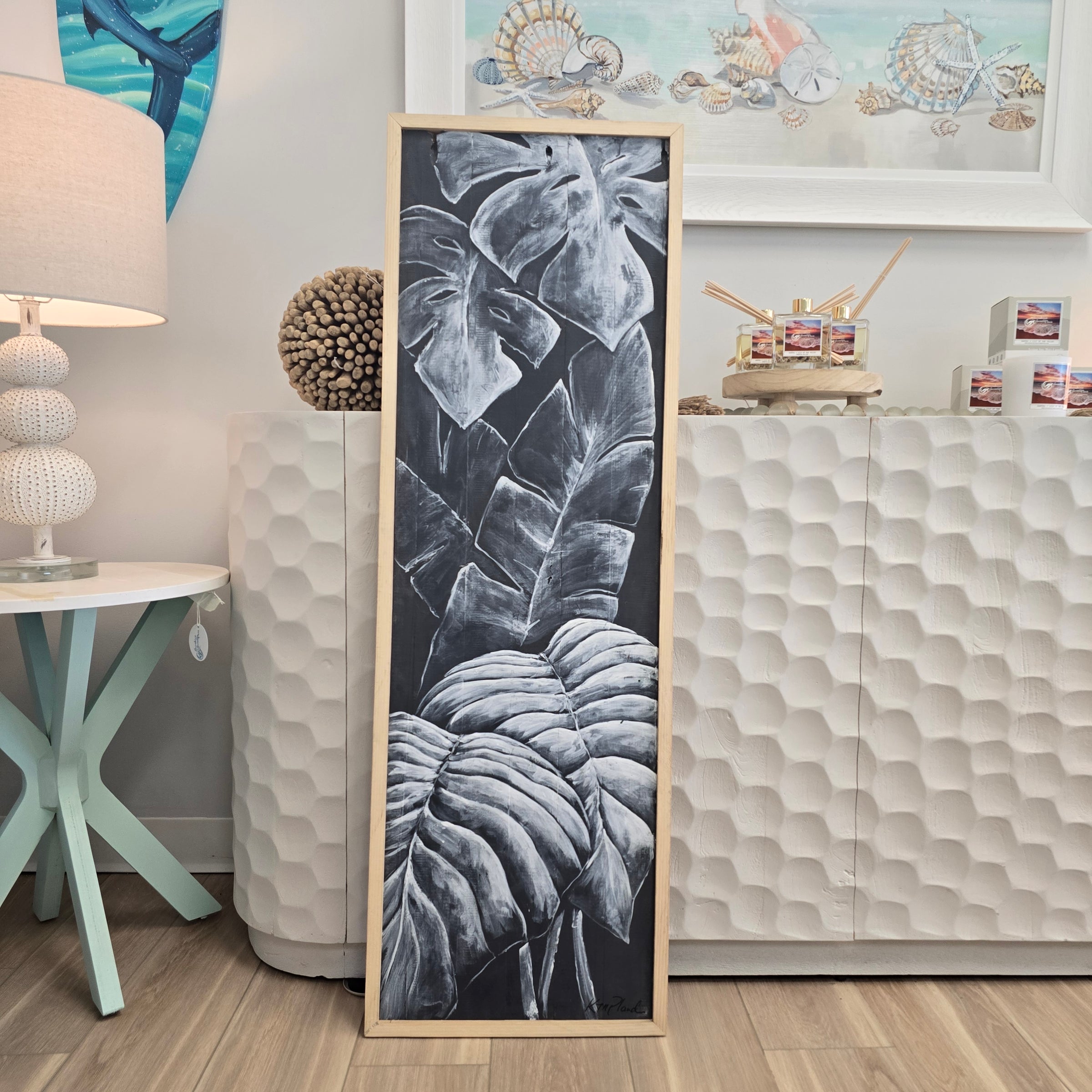 Palm Fronds painted on framed wood plank