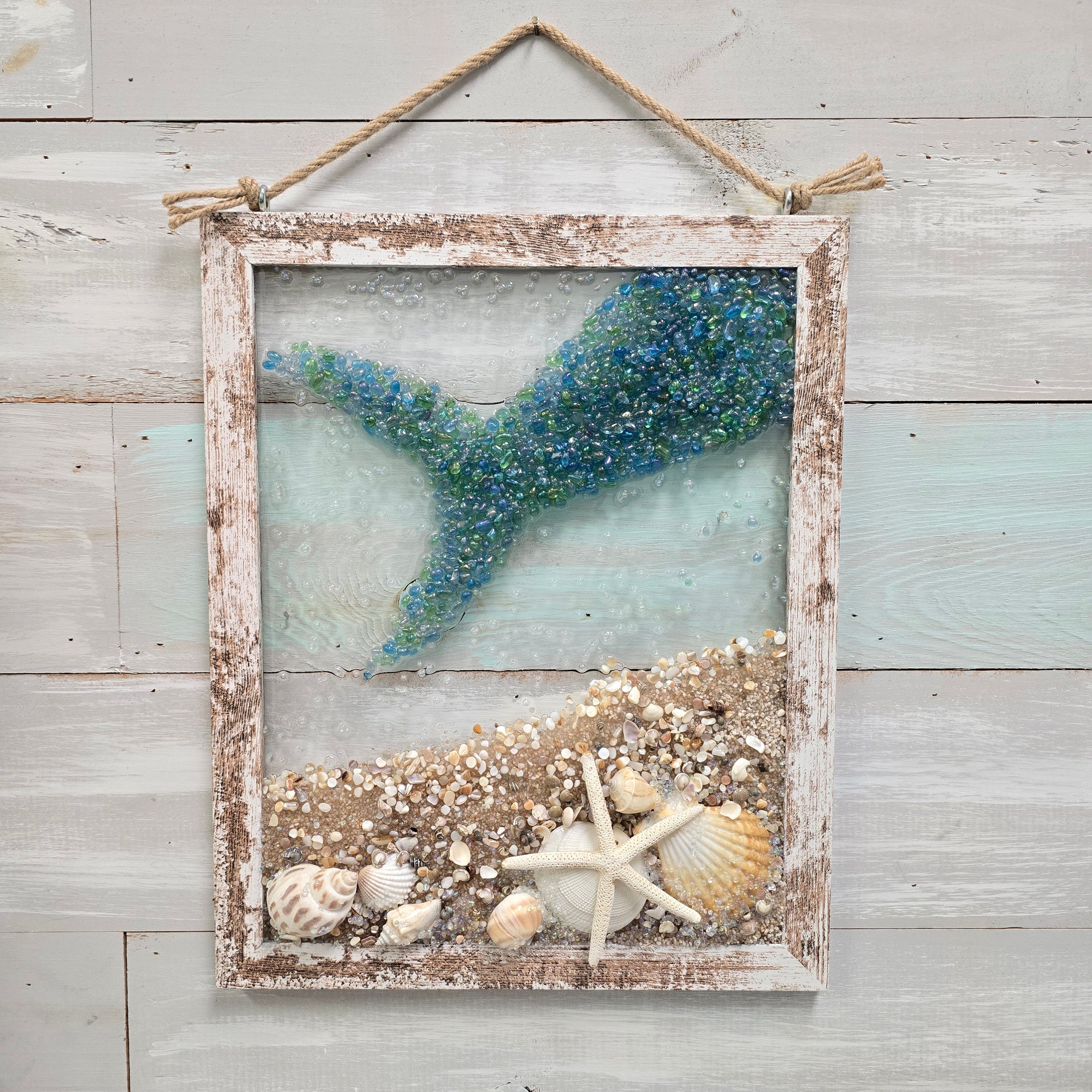 Coastal Glass Art w/ Shells, Glass, Resin, Sand- 11"x 14"