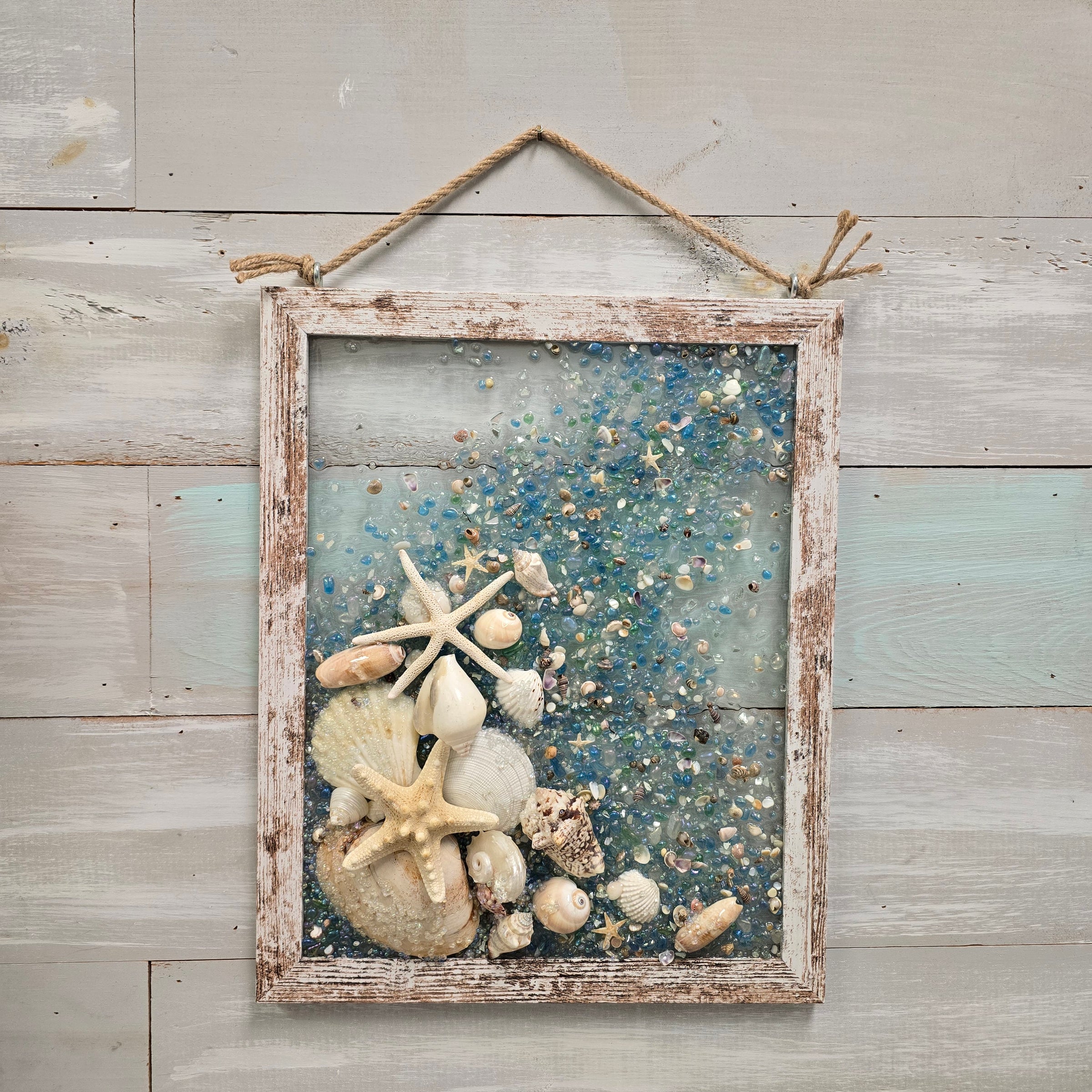 Coastal Glass Art w/ Shells, Glass, Resin, Sand- 11"x 14"