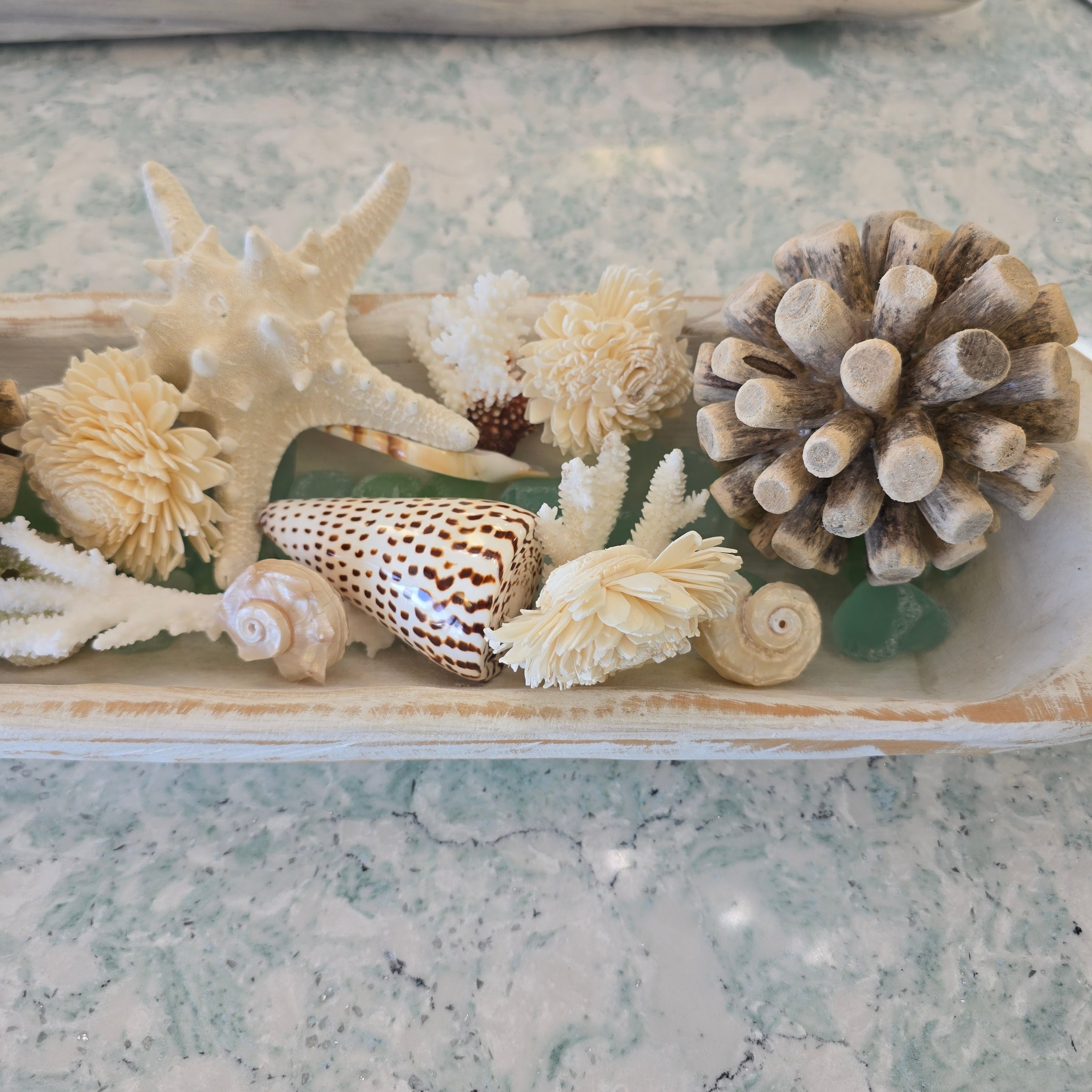 Large Hand Carved Dough bowl centerpiece with shells