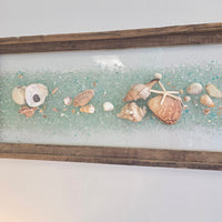 Coastal Glass Art Transom Window w/ Shells, Glass, Resin, 39"x 15"