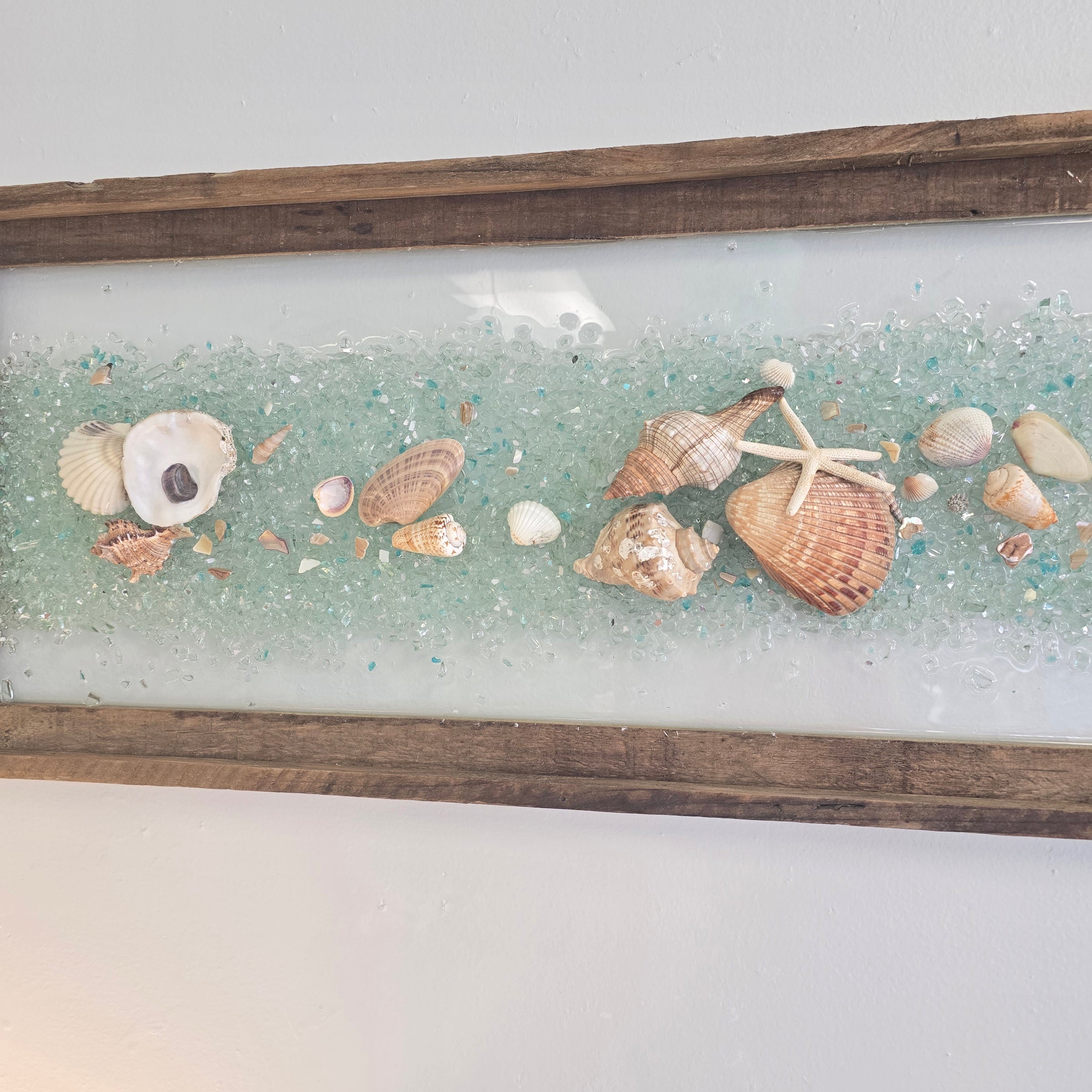 Coastal Glass Art Transom Window w/ Shells, Glass, Resin, 39"x 15"