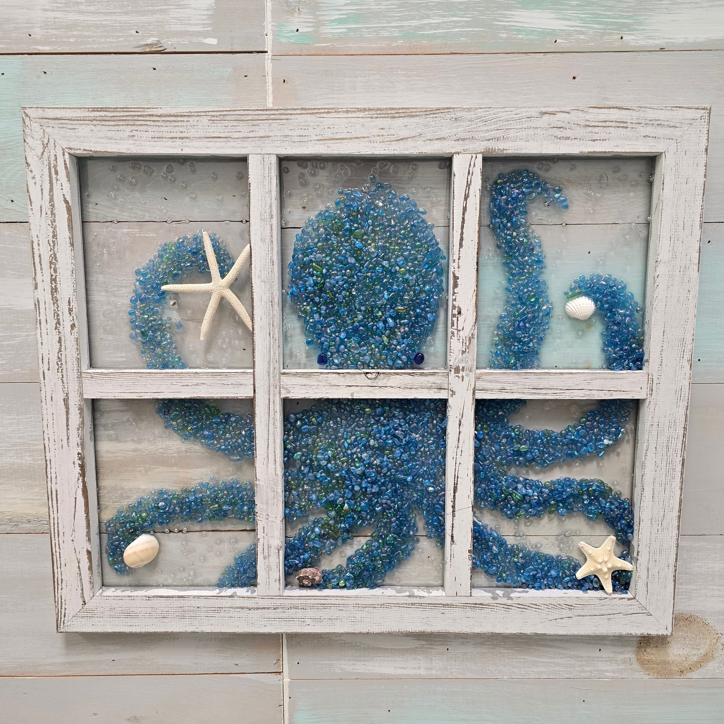 Octopus Coastal Paned Glass Art w/ Shells, Glass, Resin-22"x 18"
