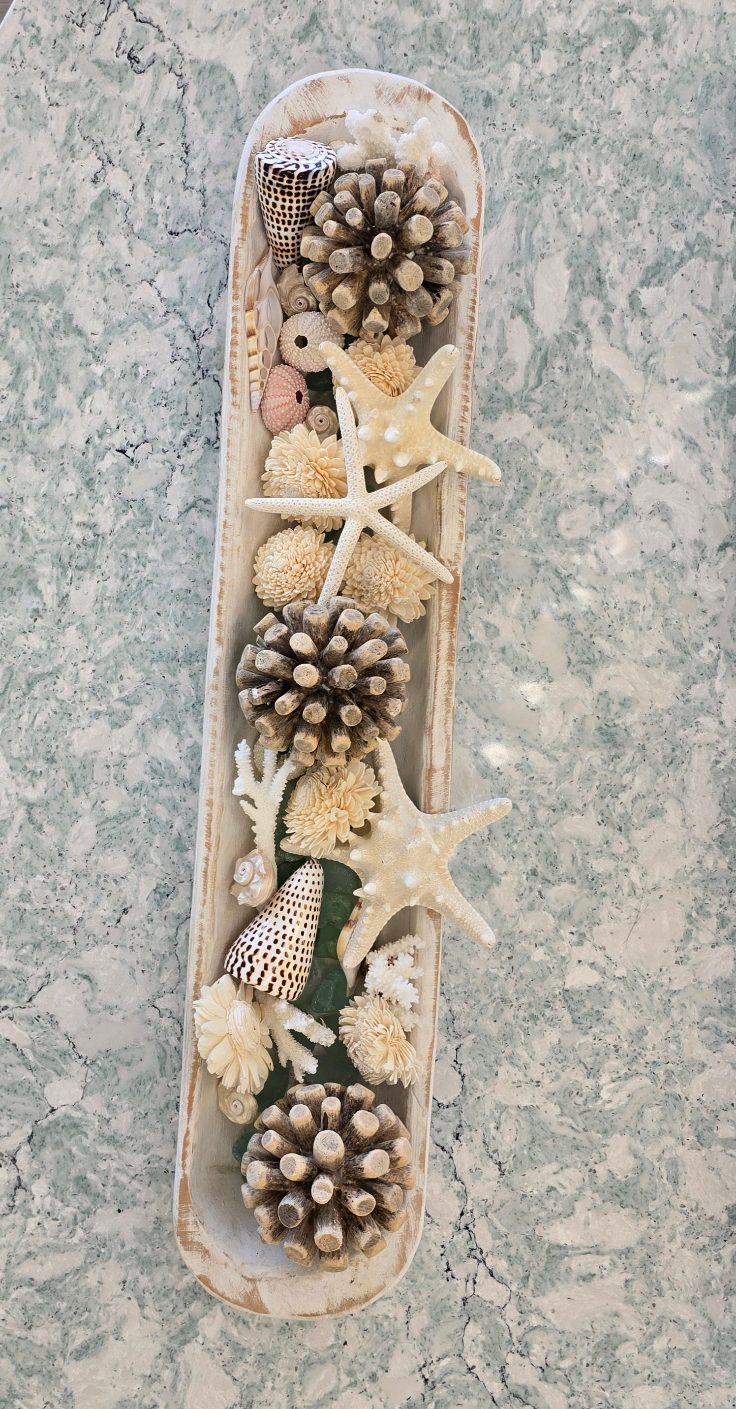 Large Hand Carved Dough bowl centerpiece with shells