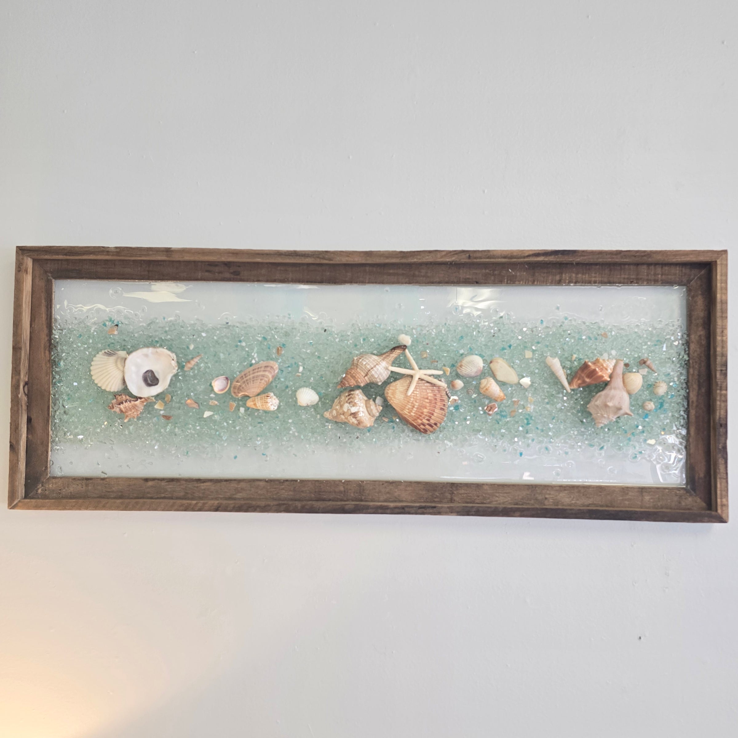 Coastal Glass Art Transom Window w/ Shells, Glass, Resin, 39"x 15"