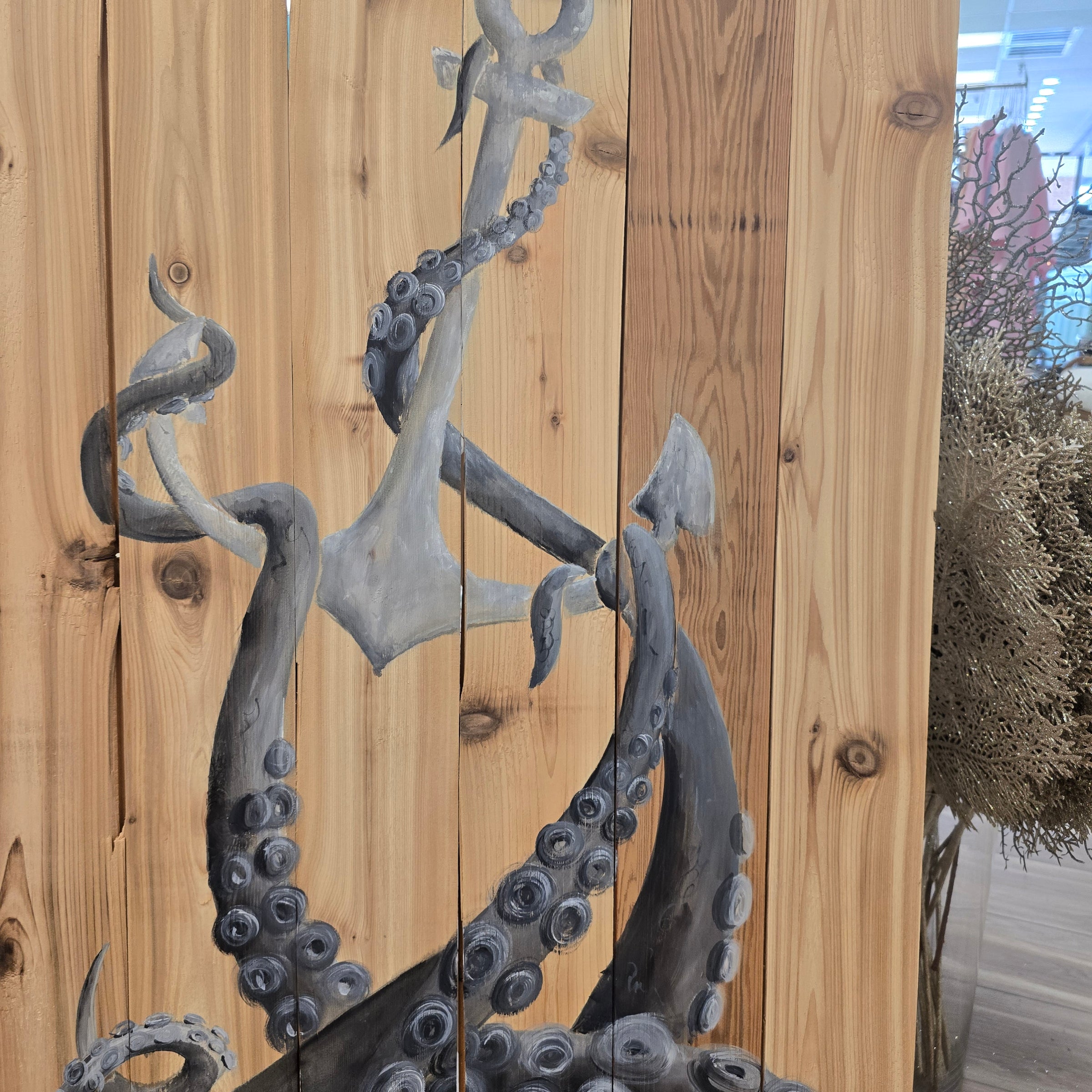 Octopus Tentacles and Anchor Painted on Wood Plank