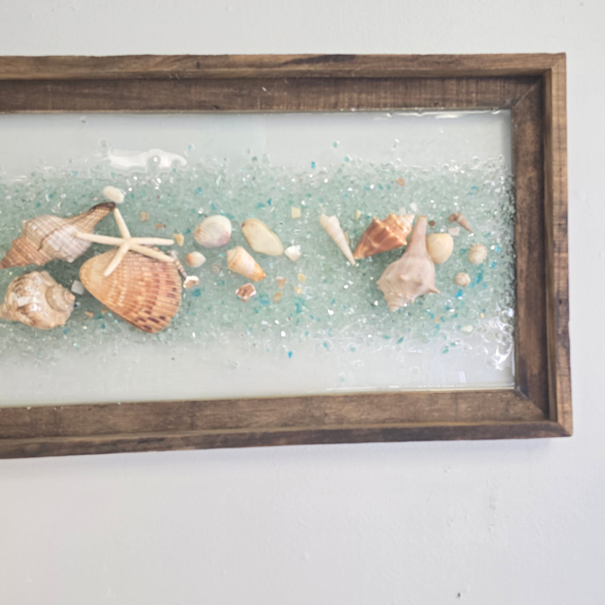 Coastal Glass Art Transom Window w/ Shells, Glass, Resin, 39"x 15"
