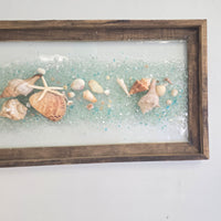 Coastal Glass Art Transom Window w/ Shells, Glass, Resin, 39"x 15"
