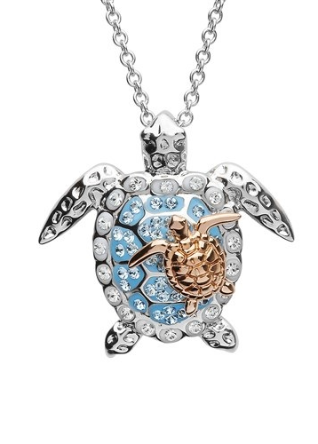 Crystal w/ Rose Plate Turtle & Baby Necklace