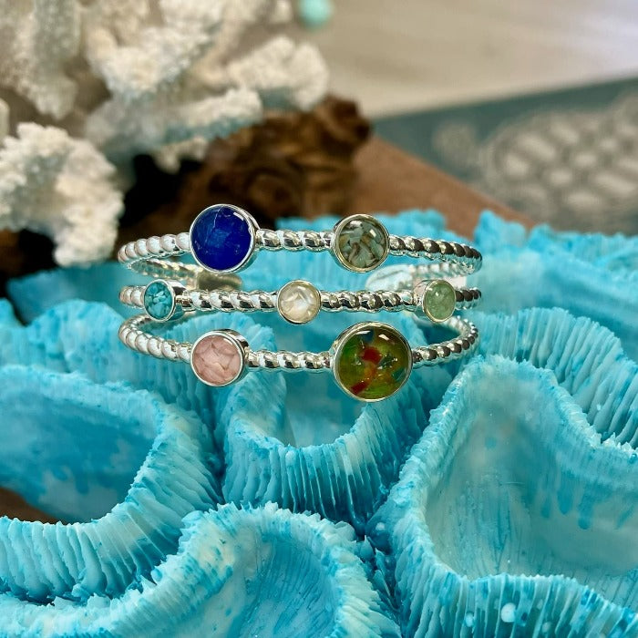 Rope Seven Sand Dune Jewelry Twist Cuff Bracelet Blue Sea Glass, Teal Limpet Shell, Turquoise, Mother of Pearl, Amazonite, Conch Shell, & Mixed Sea Glass - Sunshine & Sweet Pea's Coastal Decor