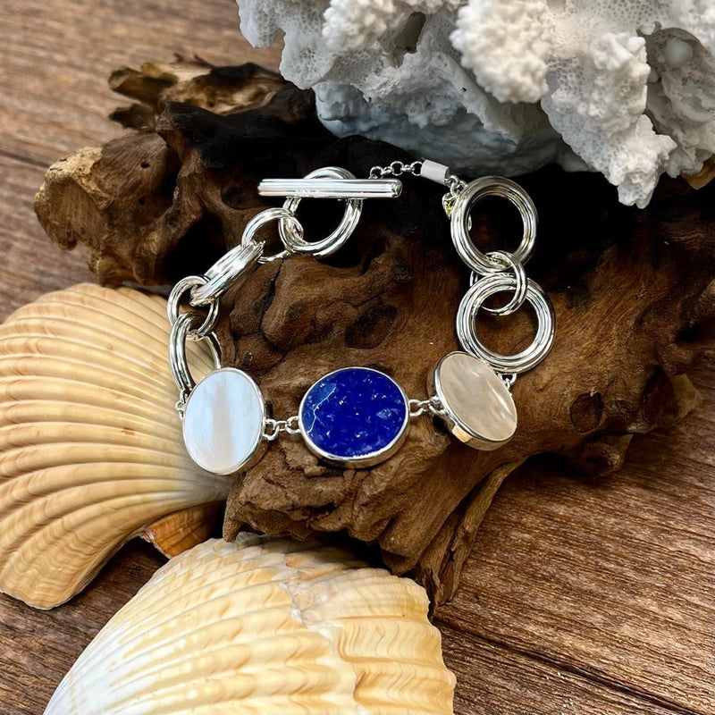 Mother of Pearl & Blue Sea Glass Round Dune Jewelry Toggle Bracelet - Sunshine & Sweet Pea's Coastal Decor