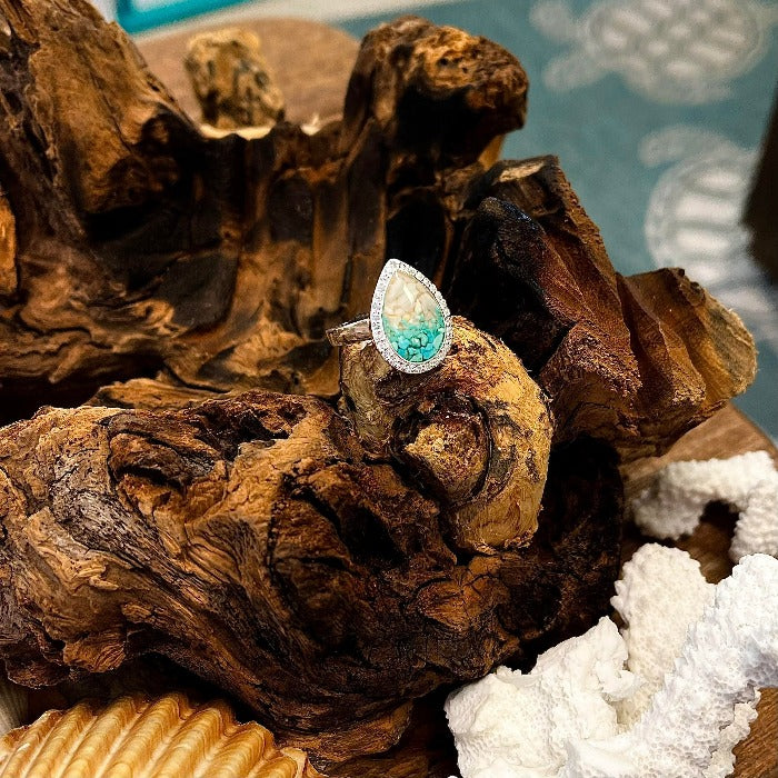 Teardrop Turquoise & Conch Shell Dune Jewelry Ring w/White Topaz