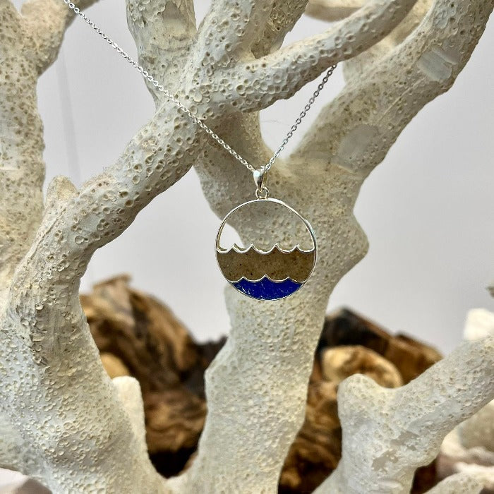 Double Wave Blue Sea Glass & Outer Banks Sand Dune Jewelry Necklace