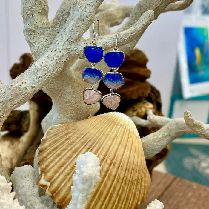 Triple Drop Blue Sea Glass & Conch Shell Dune Jewelry Earrings