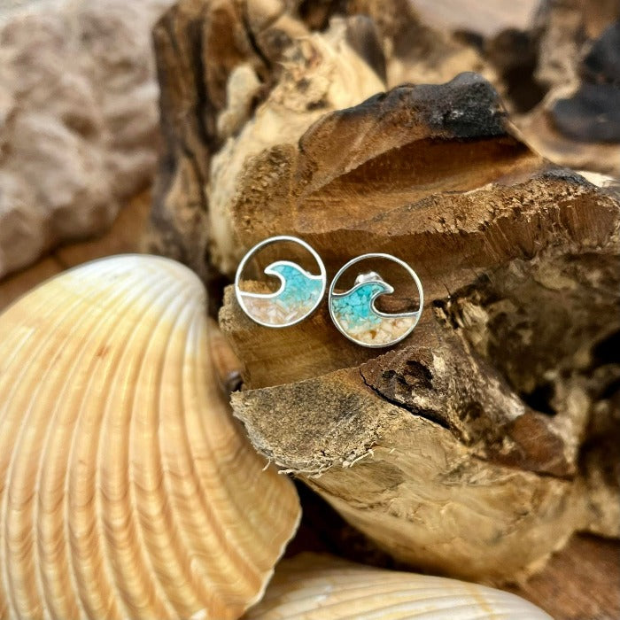 Cresting Wave Turquoise & Mermaid Slipper Shell Dune Jewelry Stud Earrings - Sunshine & Sweet Pea's Coastal Decor