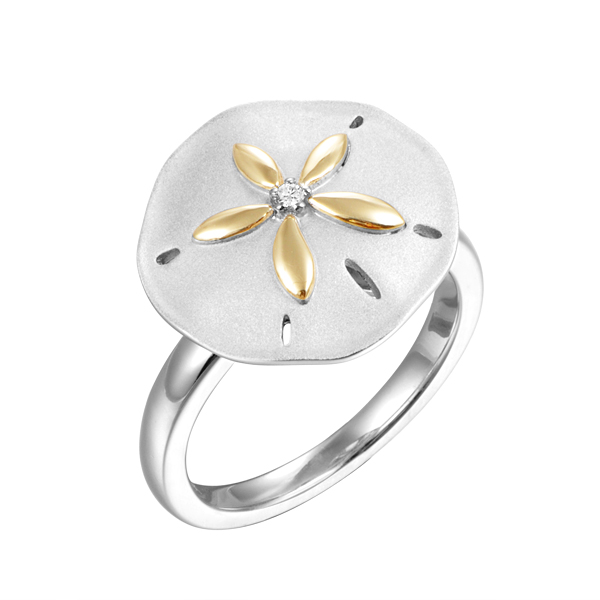Sterling Silver & 14k Gold Sand Dollar with White Topaz Ring - Sunshine & Sweet Pea's Coastal Decor