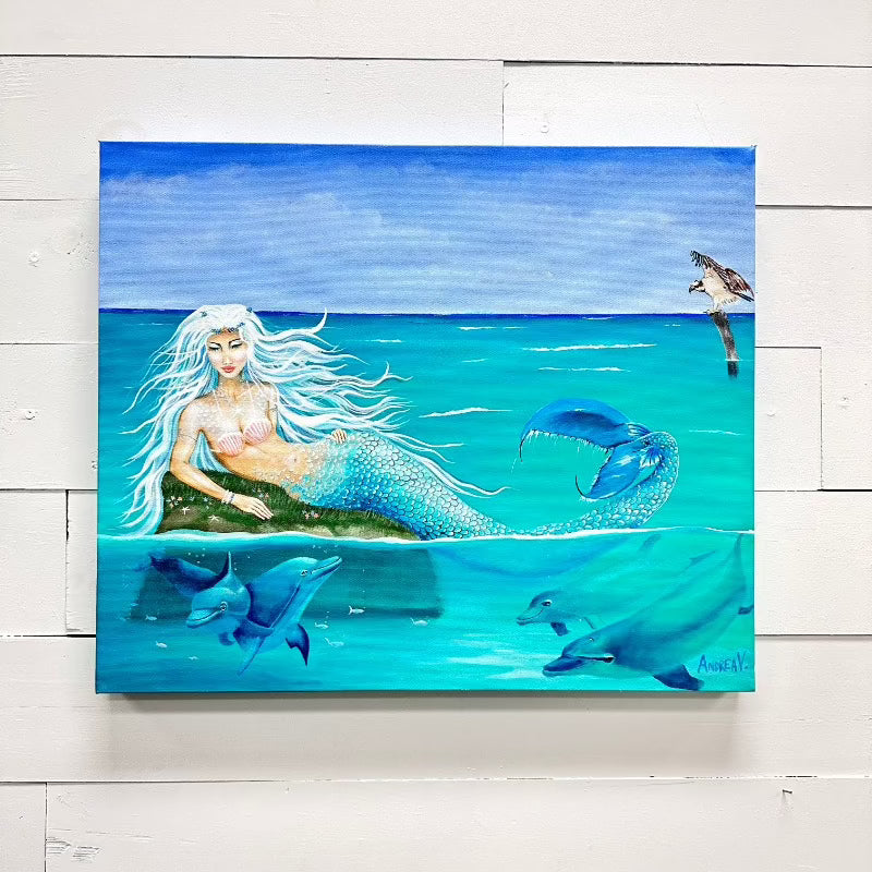 Mermaid w/Dolphins & Seagull on Canvas - Sunshine & Sweet Pea's Coastal Decor