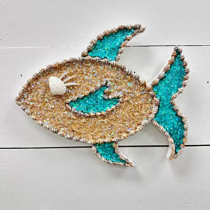 Wooden Fish Adorned w/Seashells & Glitter - Sunshine & Sweet Pea's Coastal Decor