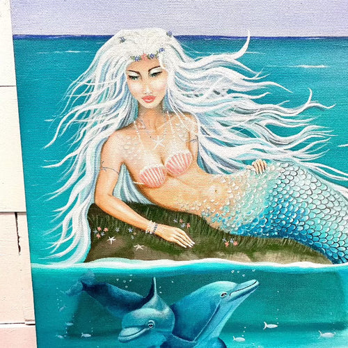 Mermaid w/Dolphins on Canvas
