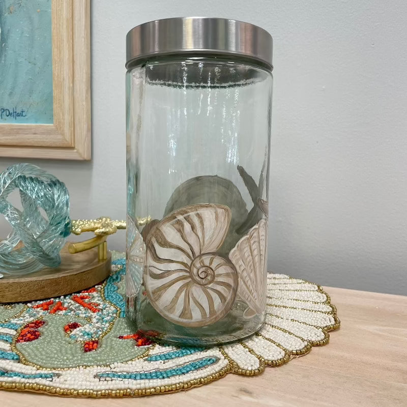 Hand Painted Seashell Glass Canister - Sunshine & Sweet Pea's Coastal Decor
