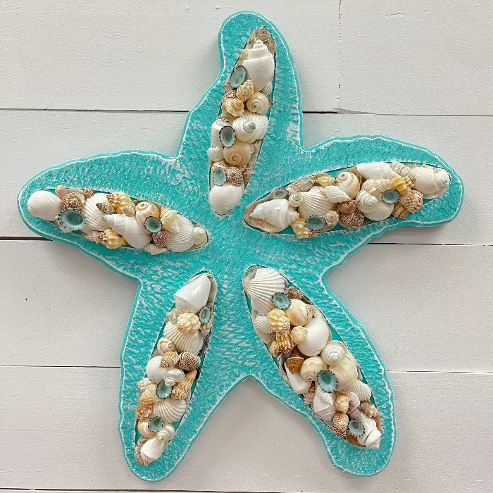 Bright Teal Wooden Starfish w/Seashells - Sunshine & Sweet Pea's Coastal Decor