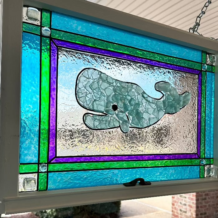 Whale Painted Window w/Sea Glass - Sunshine & Sweet Pea's Coastal Decor