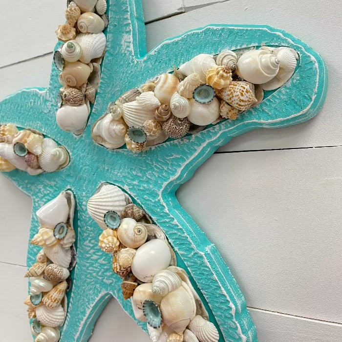 Bright Teal Wooden Starfish w/Seashells - Sunshine & Sweet Pea's Coastal Decor