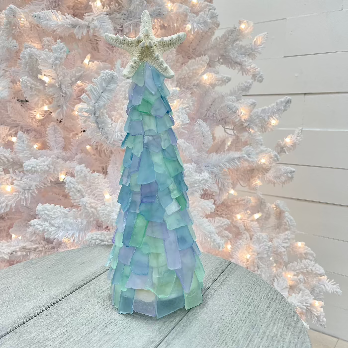 Assorted Large Sea Glass Tree w/Lights & Starfish Topper Sunshine & Sweet Peas Coastal Decor