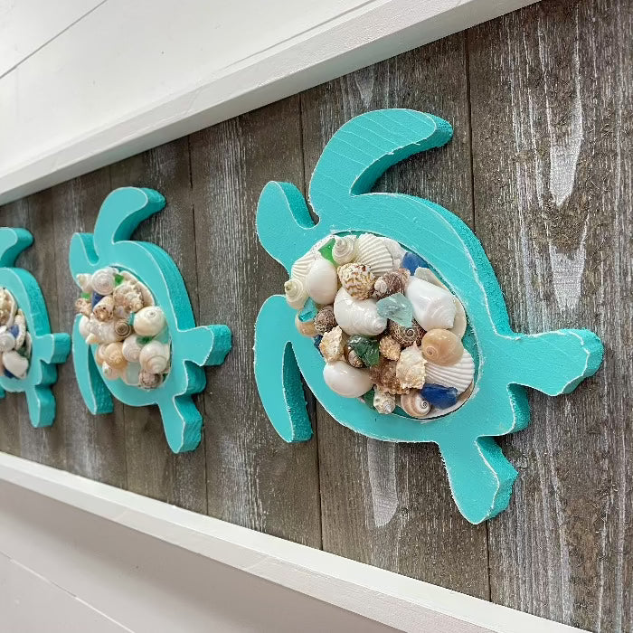 Wooden Turtles w/Sea Shells & Sea Glass Decor - Sunshine & Sweet Pea's Coastal Decor