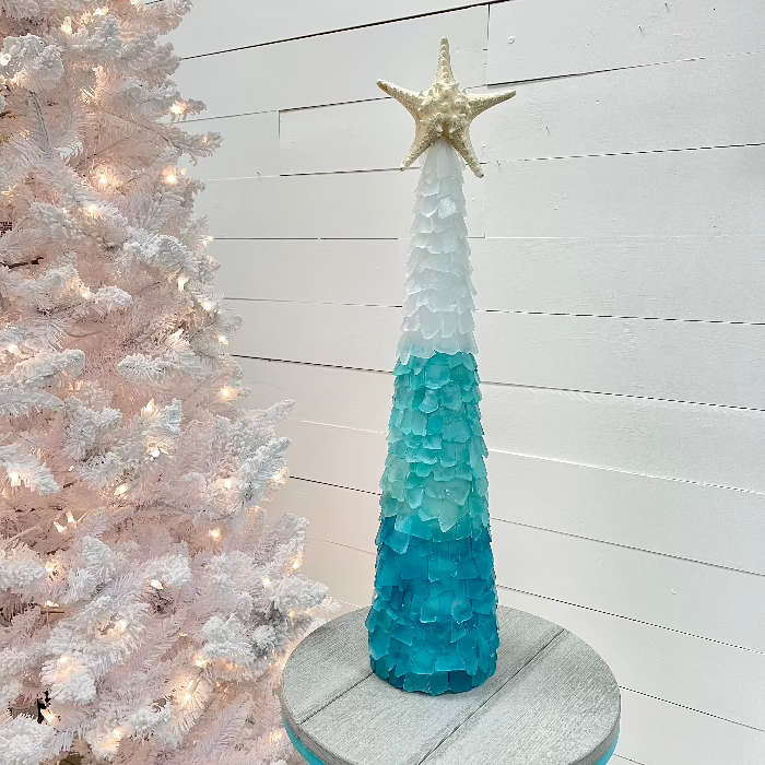 Extra Large Sea Glass Tree w/Lights & Starfish Topper Sunshine & Sweet Peas Coastal Decor